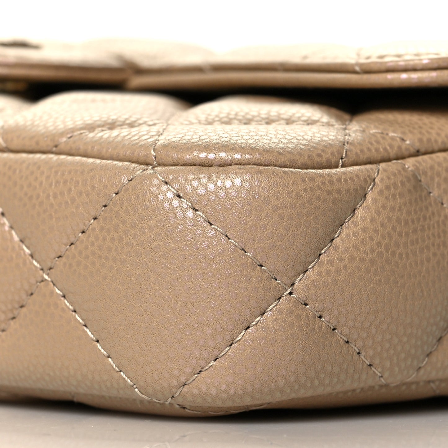 Iridescent Caviar Quilted Flap Phone Holder With Chain Beige