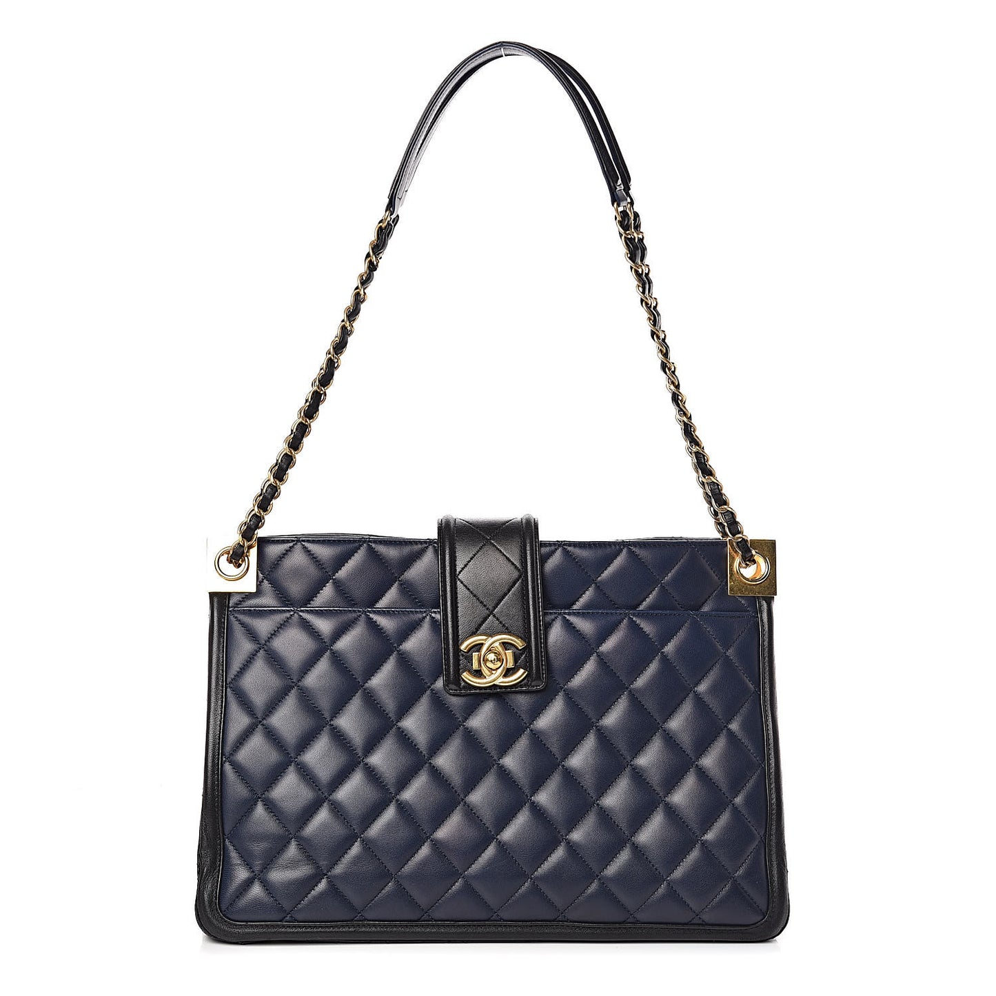 Lambskin Quilted Elegant CC Shopping Tote Navy Black