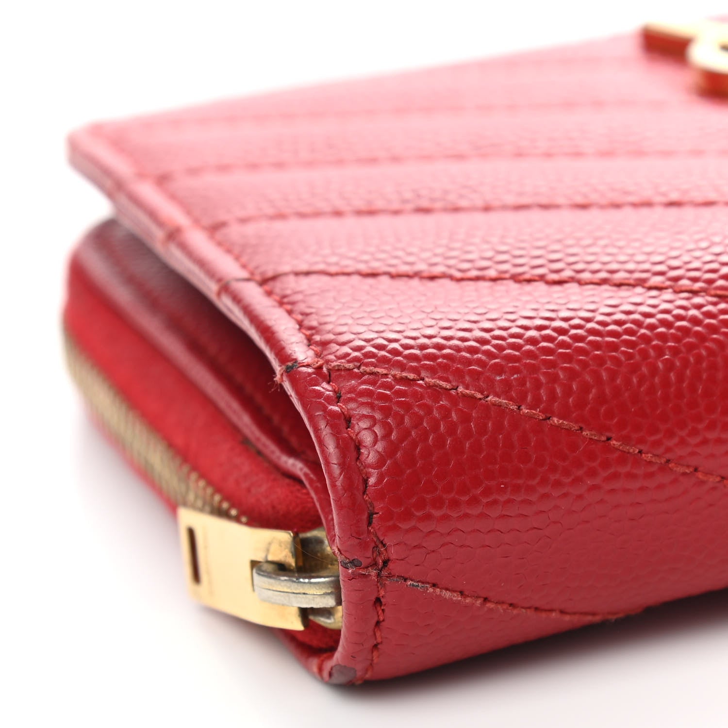 Saint Laurent Grain De Poudre Matelasse Chevron Monogram Compact Zip Around Wallet Red 8 of 14