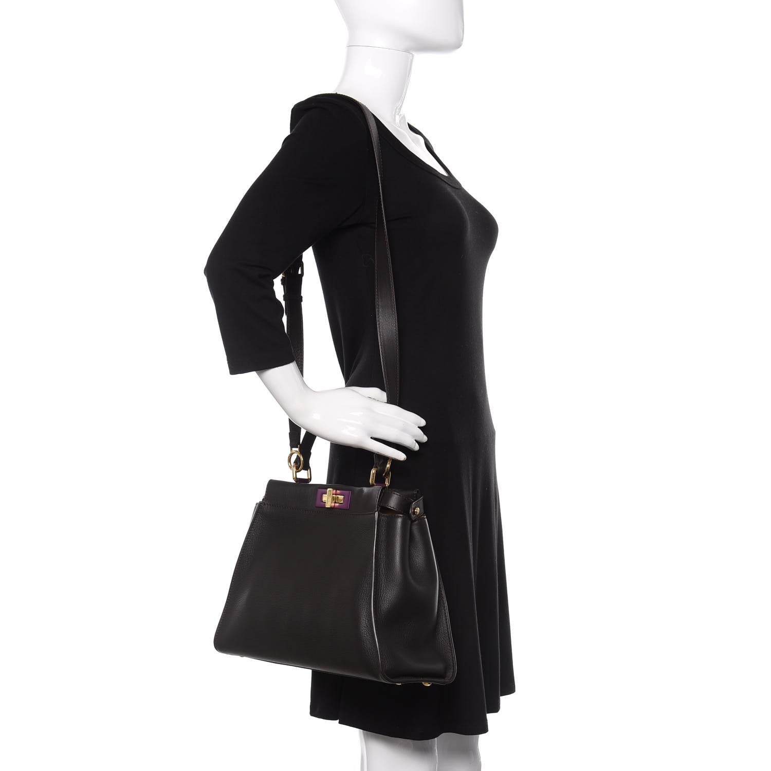 Fendi Vitello Seta Shiny Nappa Medium Peekaboo Iconic Satchel Dark Brown Yellow 2 of 9
