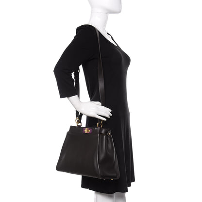 Fendi Vitello Seta Shiny Nappa Medium Peekaboo Iconic Satchel Dark Brown Yellow 2 of 9
