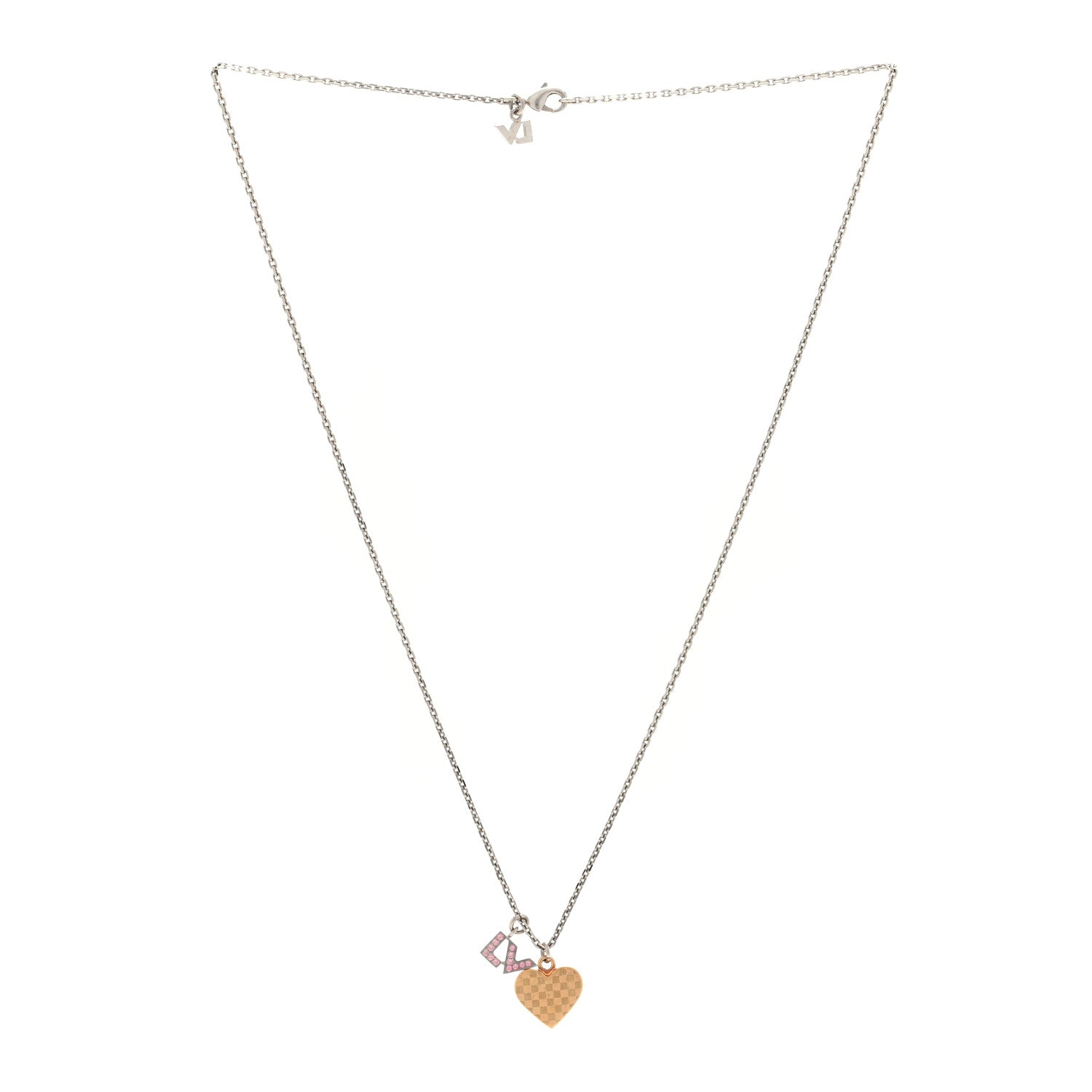 Louis Vuitton Damier Heart Pendant Necklace Silver Gold 2 of 4