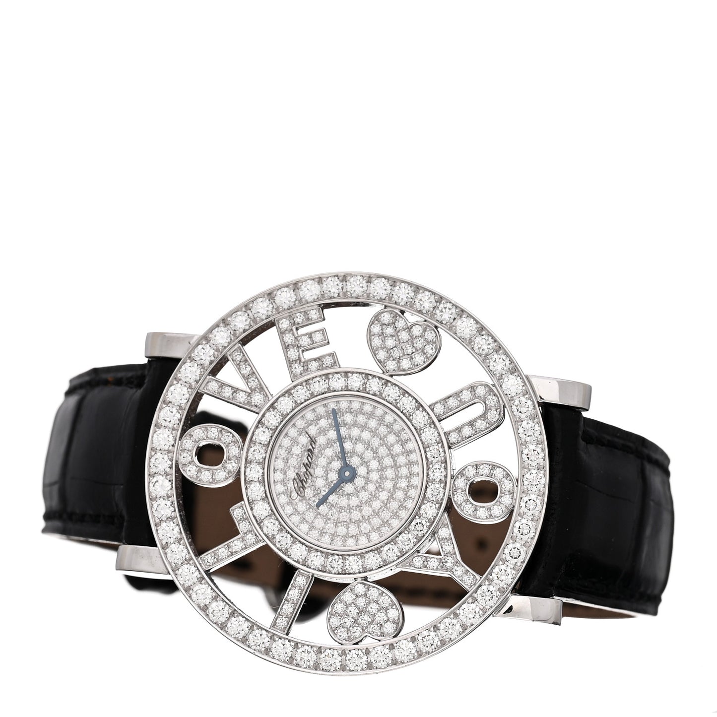 18K White Gold Alligator Diamond Pave 36mm Happy Diamonds I LOVE YOU Quartz Watch