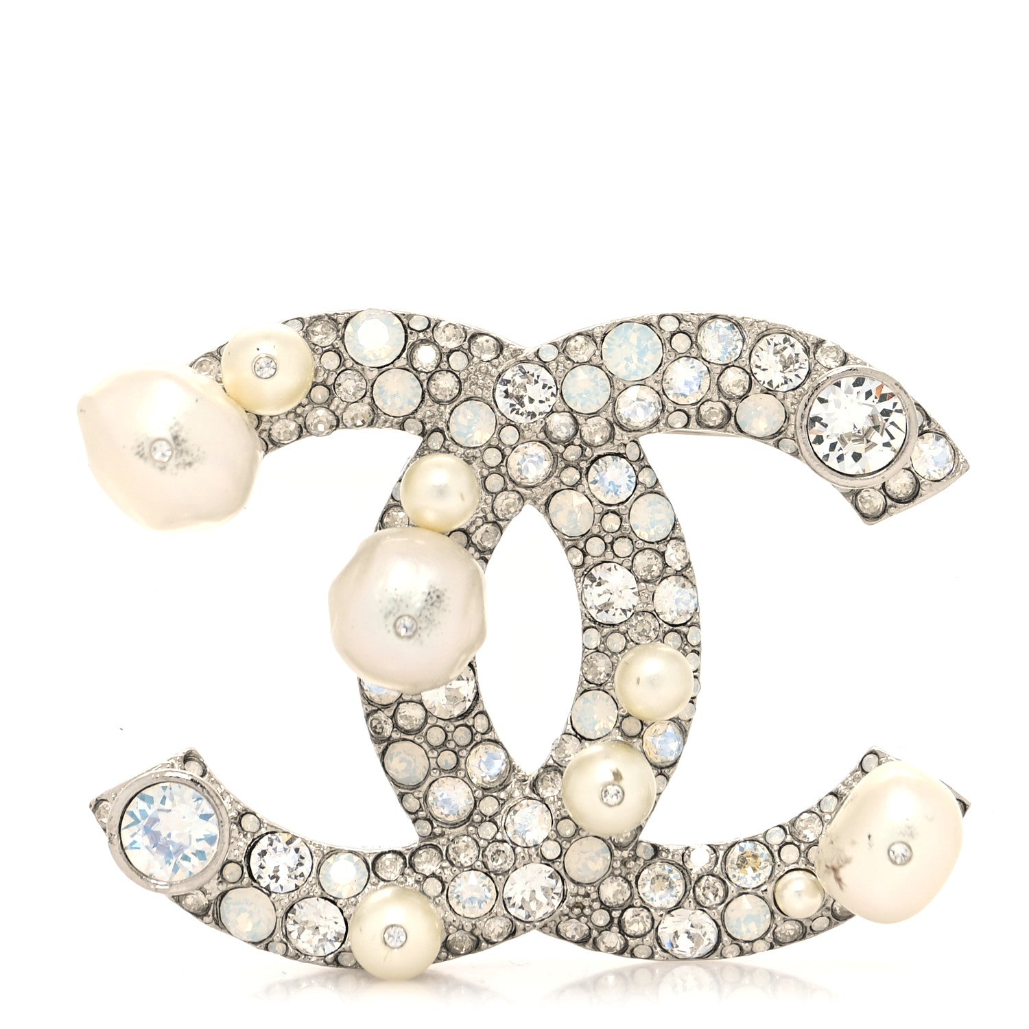 Chanel Pearl Crystal CC Mini Brooch Silver 1 of 3