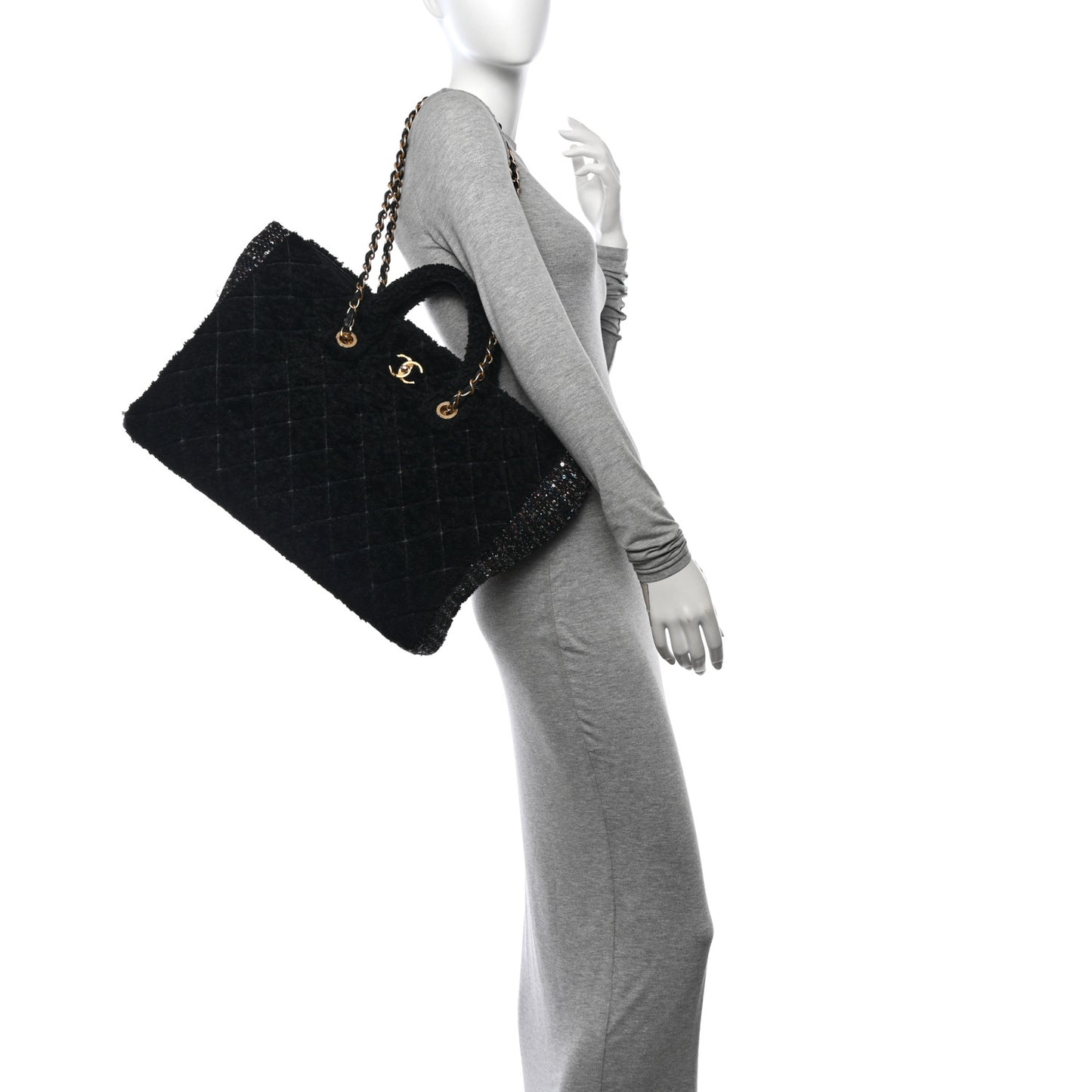 Shearling Sequin Tweed Shopper Tote Black