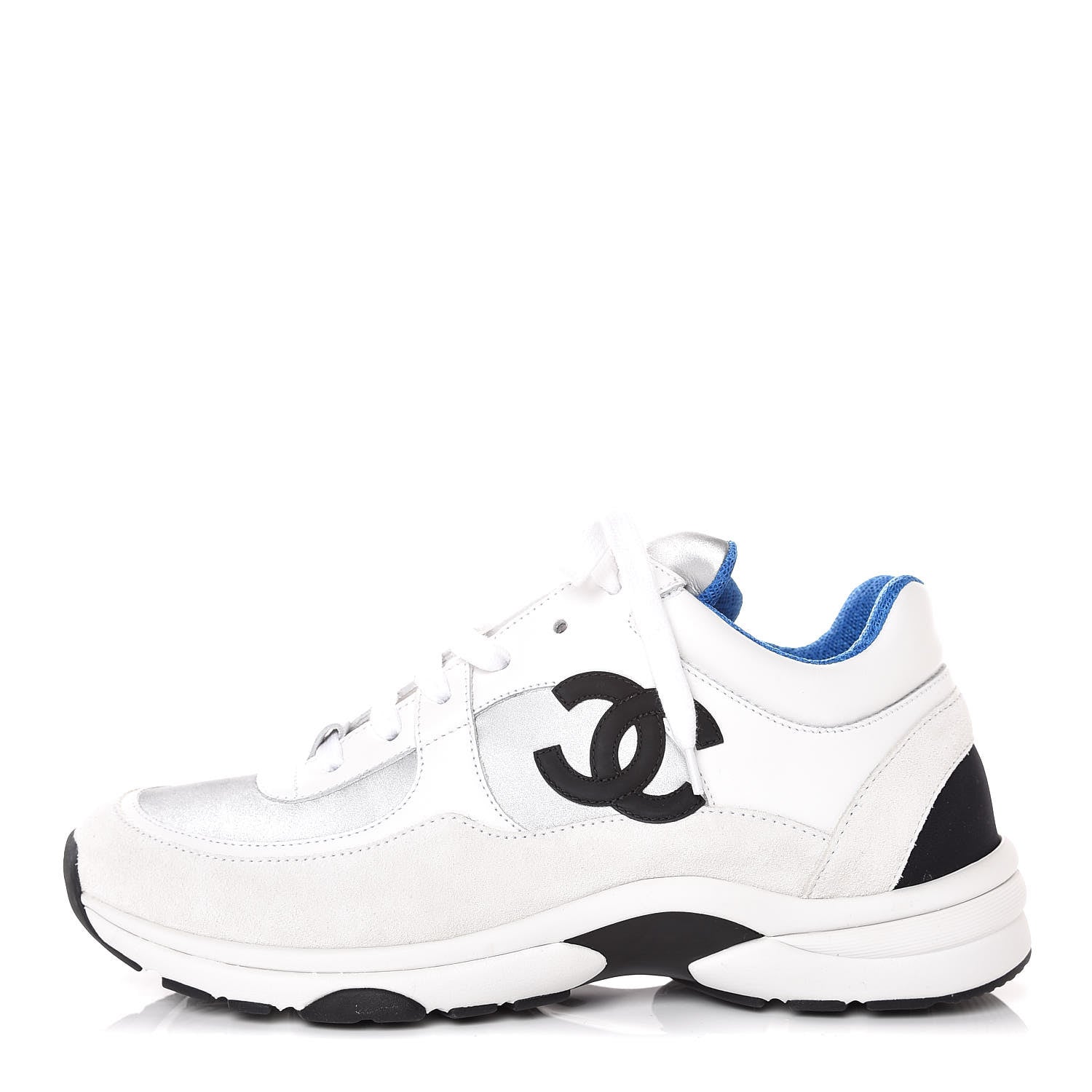 Chanel Suede Calfskin Womens CC Sneakers 39.5 White Silver Blue 1 of 8