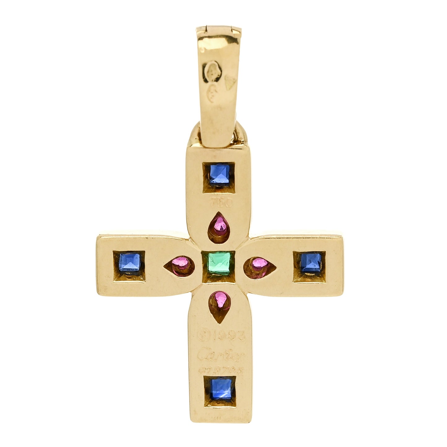 18K Yellow Gold Blue Sapphire Ruby Emerald Byzantine Cross Pendant