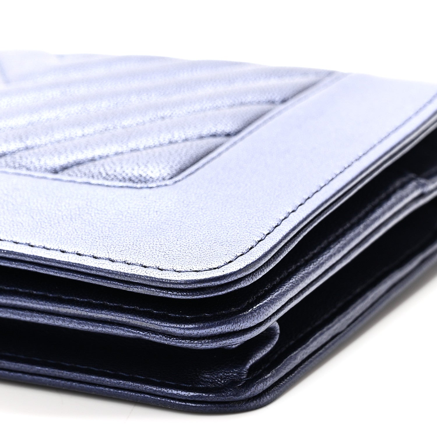 Chanel Metallic Sheepskin Chevron Quilted Vintage Mademoiselle Wallet On Chain WOC Navy 11 of 11