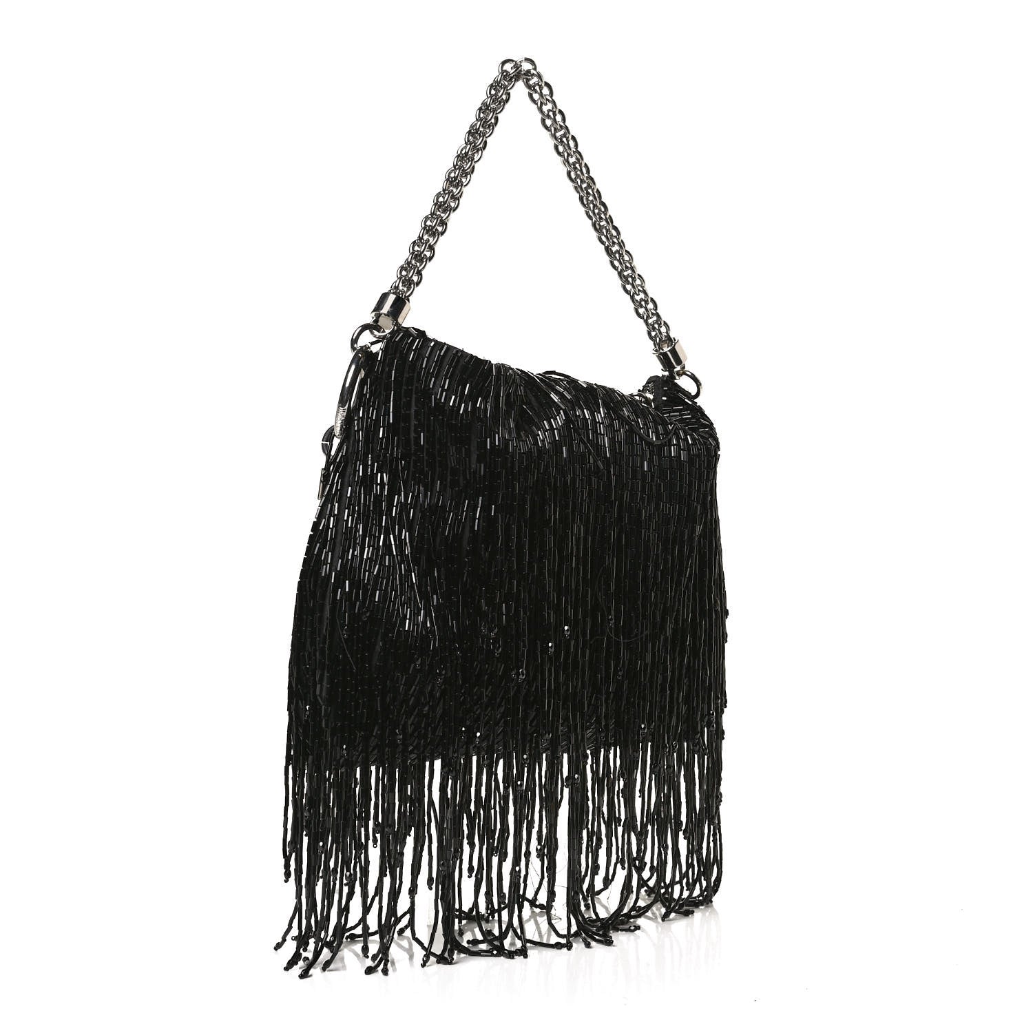 Jimmy Choo Satin Bead Embellished Callie Fringe Tassel Chain Evening Bag Black 3 of 12
