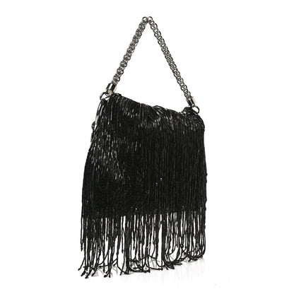 Jimmy Choo Satin Bead Embellished Callie Fringe Tassel Chain Evening Bag Black 3 of 12