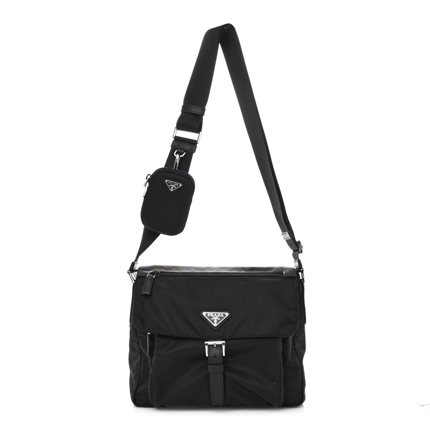 Re-Nylon Vela Saffiano Pocket Single Buckle Messenger Shoulder Bag Black