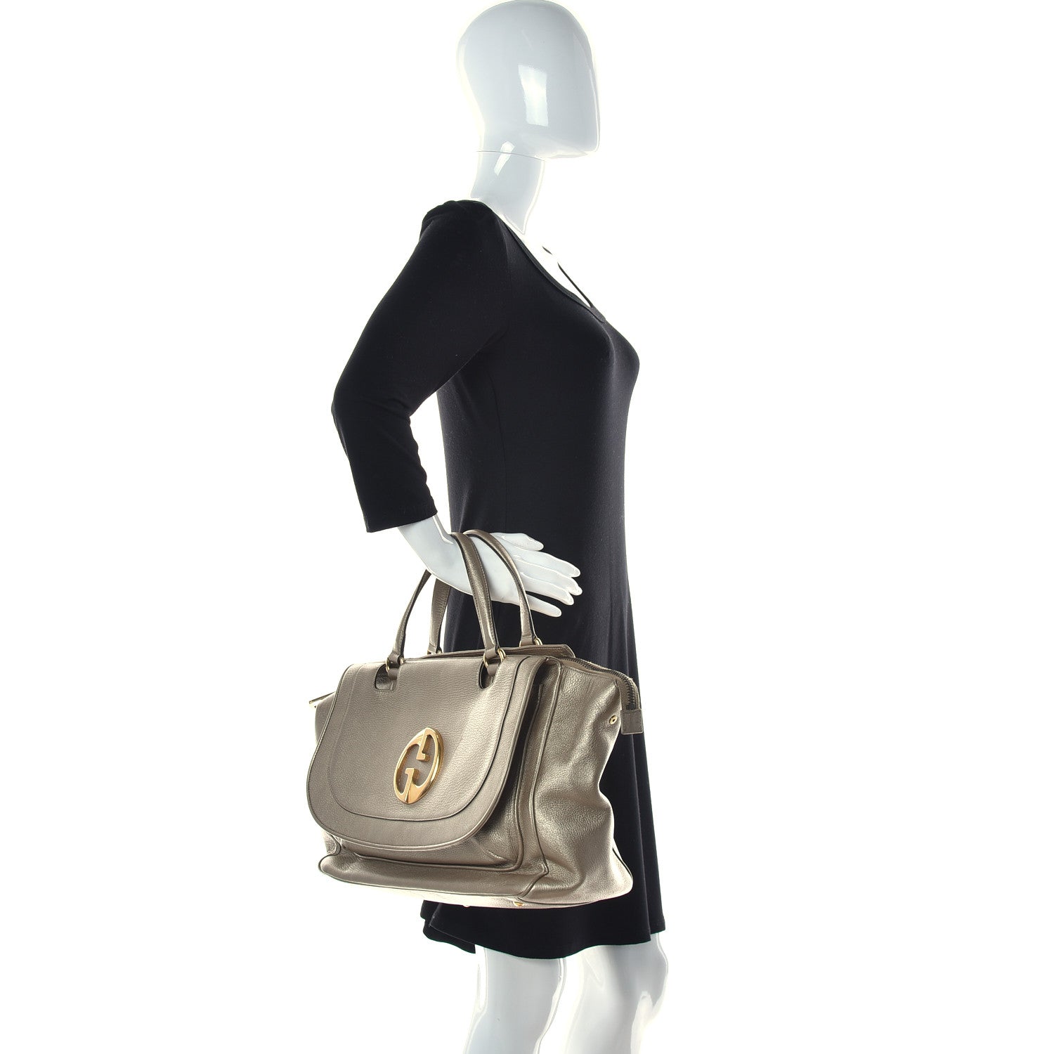 Gucci Metallic Pebbled Calfskin Medium 1973 Top Handle Satchel Golden Beige 2 of 20