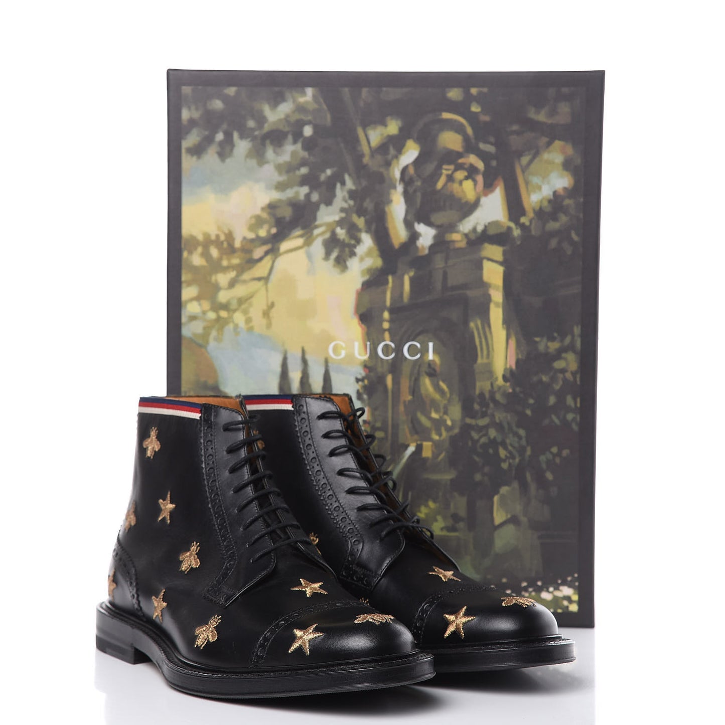 Calfskin Sylvie Web Bee Star Embroidered Mens Brogue Captoe Boots 7 Black