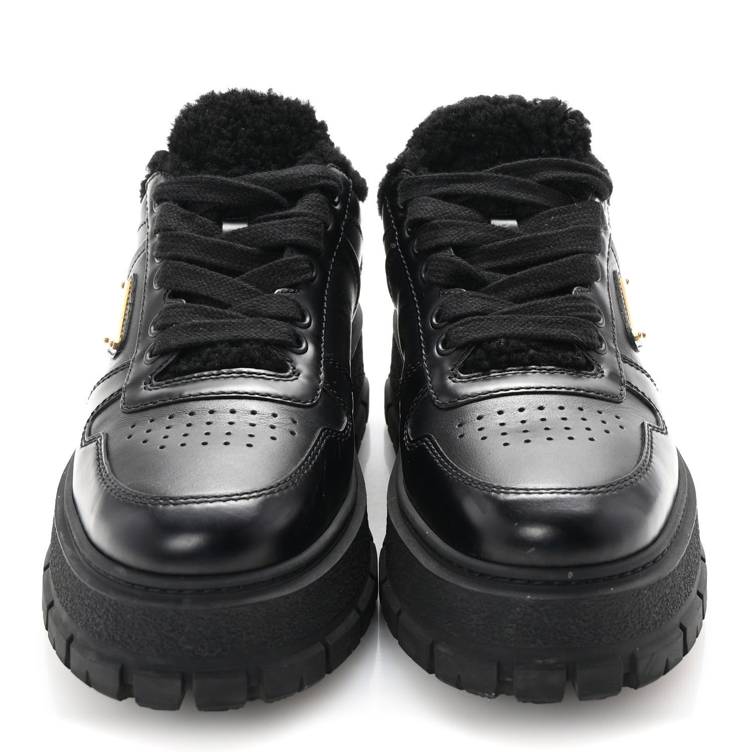 Prada Calfskin Shearling Metal Triangle Logo Sneakers 35.5 Black 3 of 10