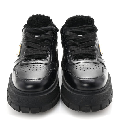 Prada Calfskin Shearling Metal Triangle Logo Sneakers 35.5 Black 3 of 10