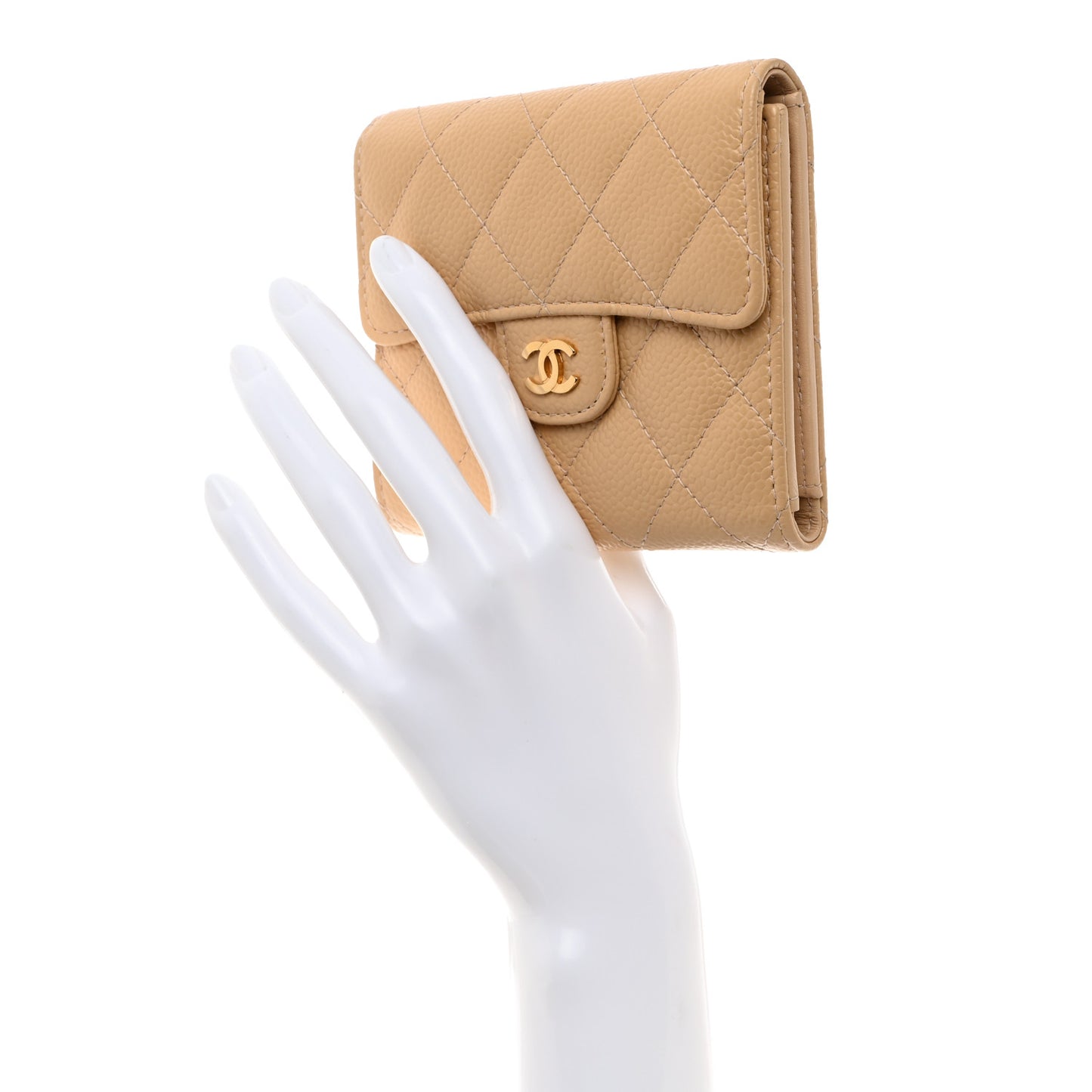 Caviar Quilted Compact Flap Wallet Beige