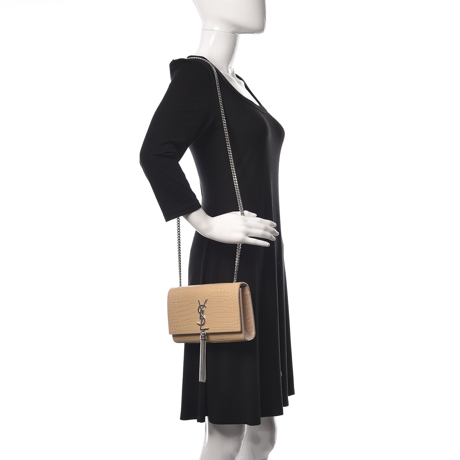 Saint Laurent Croc Calfskin Embossed Small Classic Monogram Kate Tassel Satchel Beige 2 of 10
