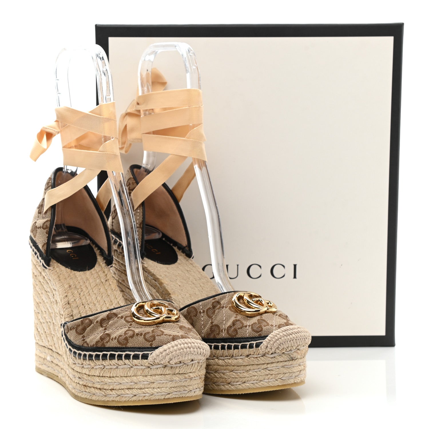 Gucci Monogram Matelasse GG Marmont Ankle Wrap Platform 35/120mm Espadrille Wedges 39 Beige Ebony Black Sand Storm 5 of 10
