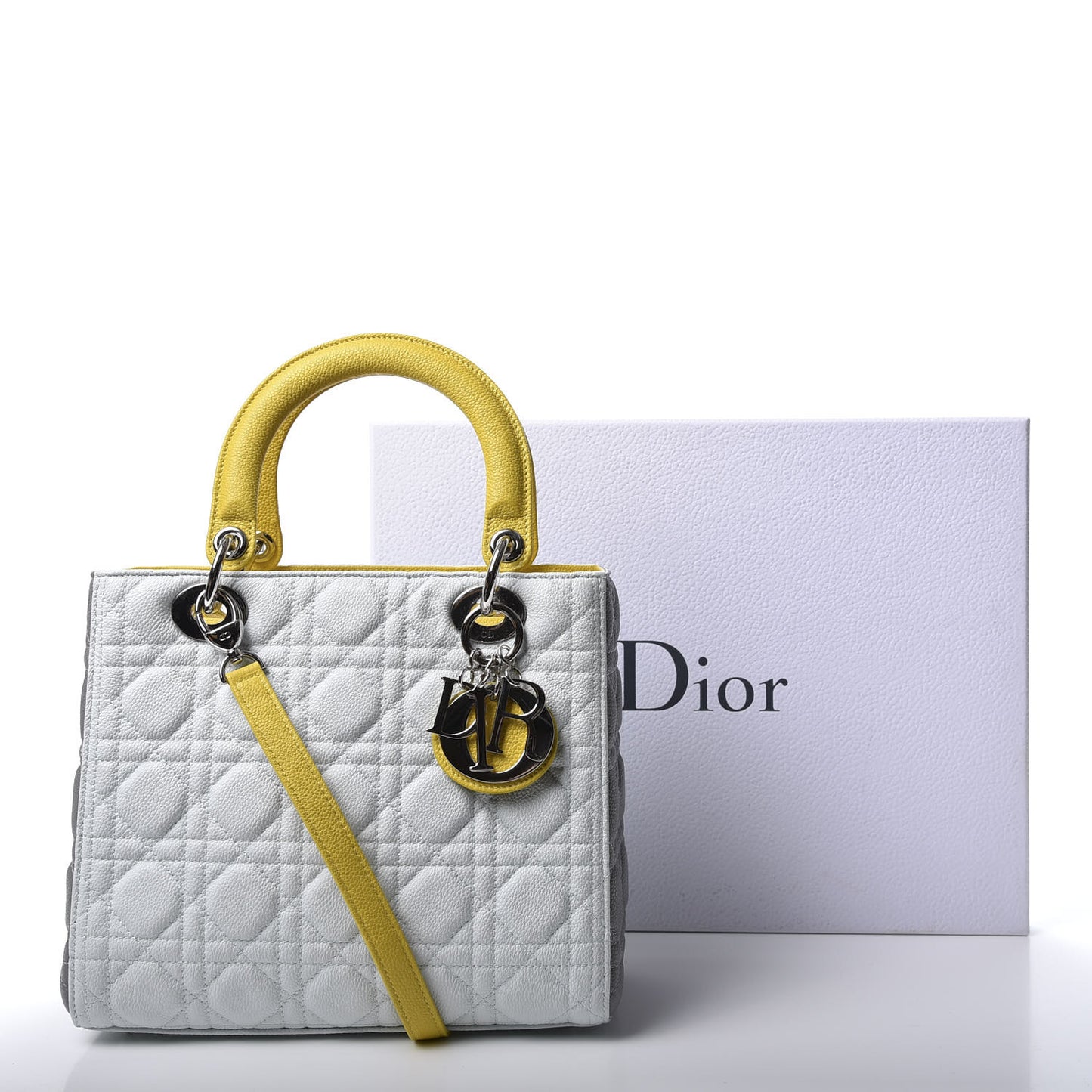 Lambskin Cannage Medium Tri-Color Lady Dior White Grey Yellow