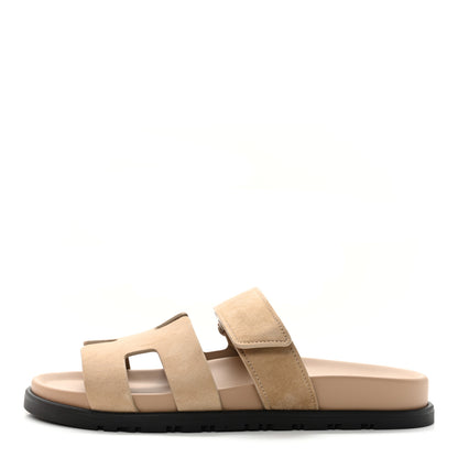 Hermes Suede Goatskin Womens Chypre Sandals 37.5 Beige Argile 1 of 10