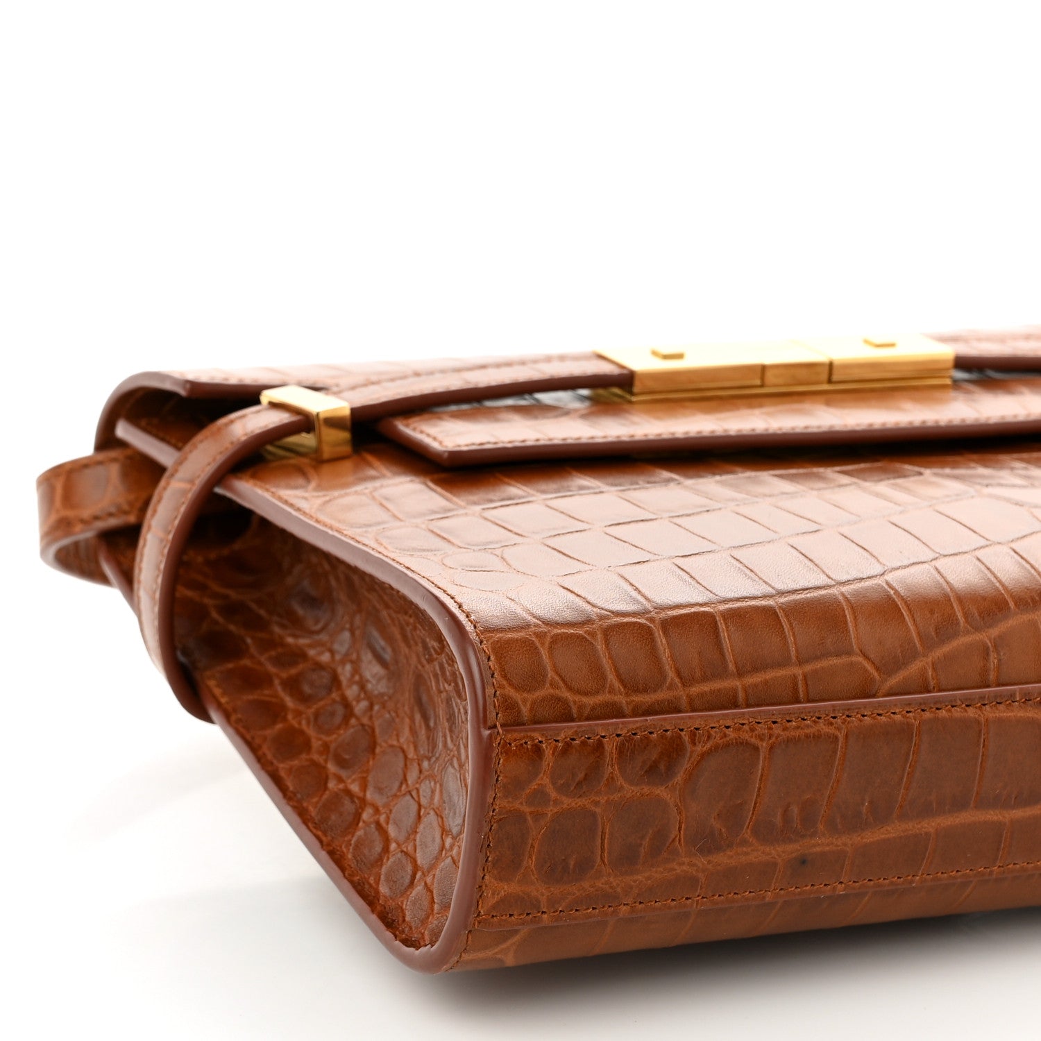 Saint Laurent Shiny Calfskin Crocodile Embossed Small Manhattan Baguette Dark Caramel 7 of 8