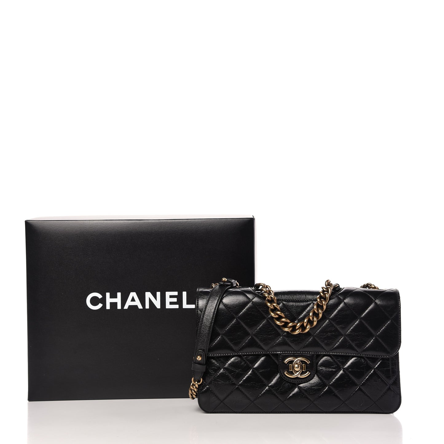 Glazed Calfskin Quilted Large Perfect Edge Flap Black