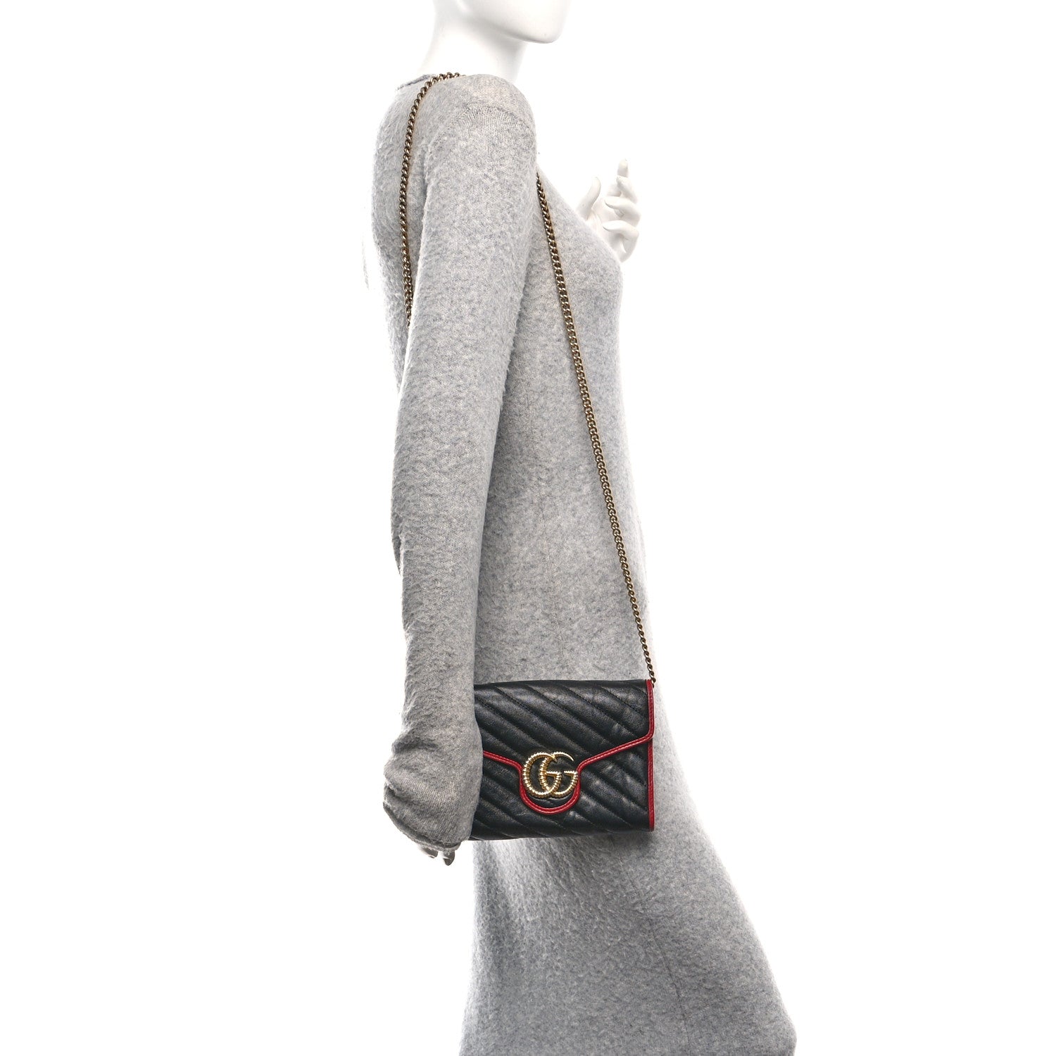Gucci Vintage Effect Calfskin Matelasse Diagonal Torchon GG Marmont Chain Wallet Black Romantic Cherry 2 of 10