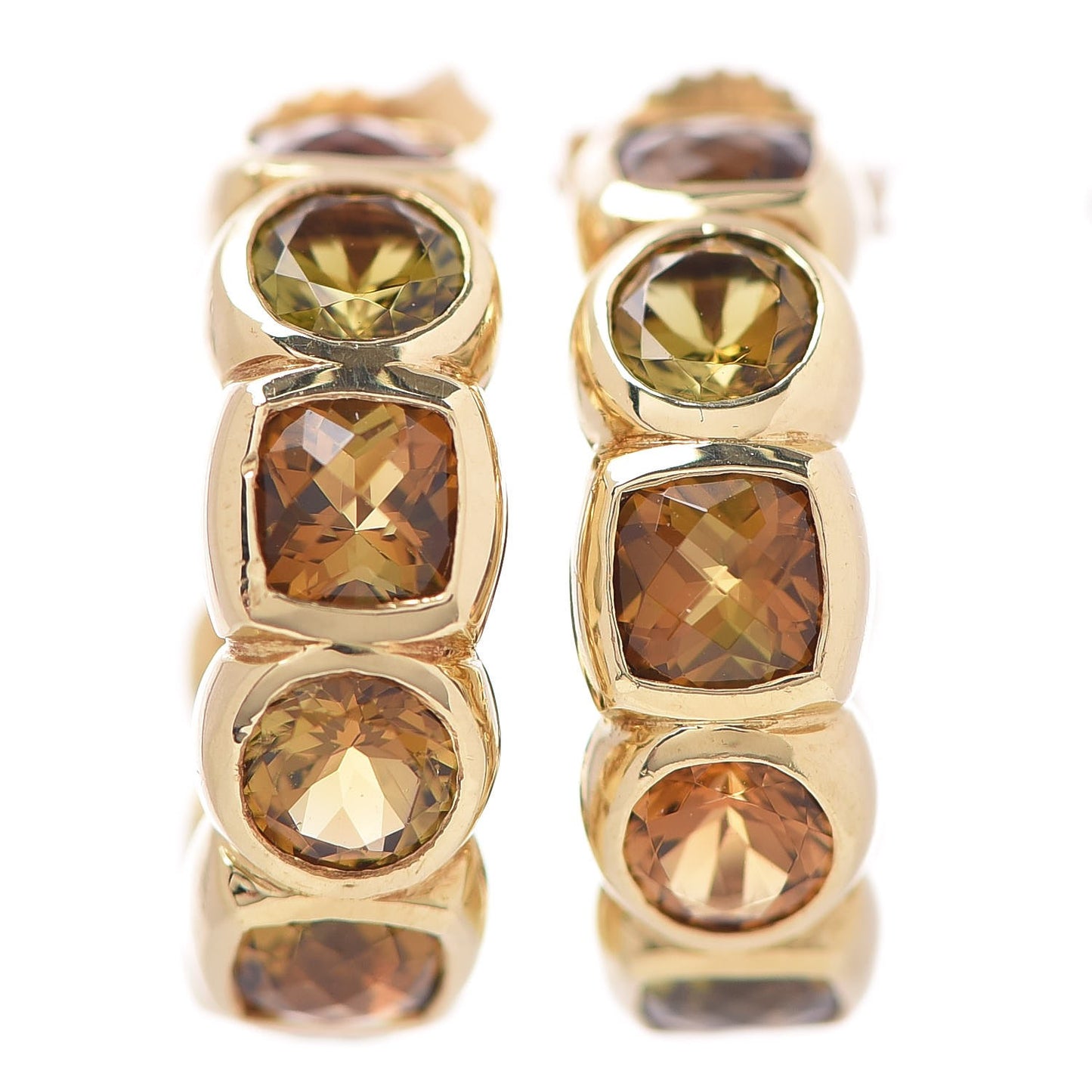 18K Yellow Gold Citrine Smoky Quartz Peridot Cushion Capri Eternity Hoop Earrings