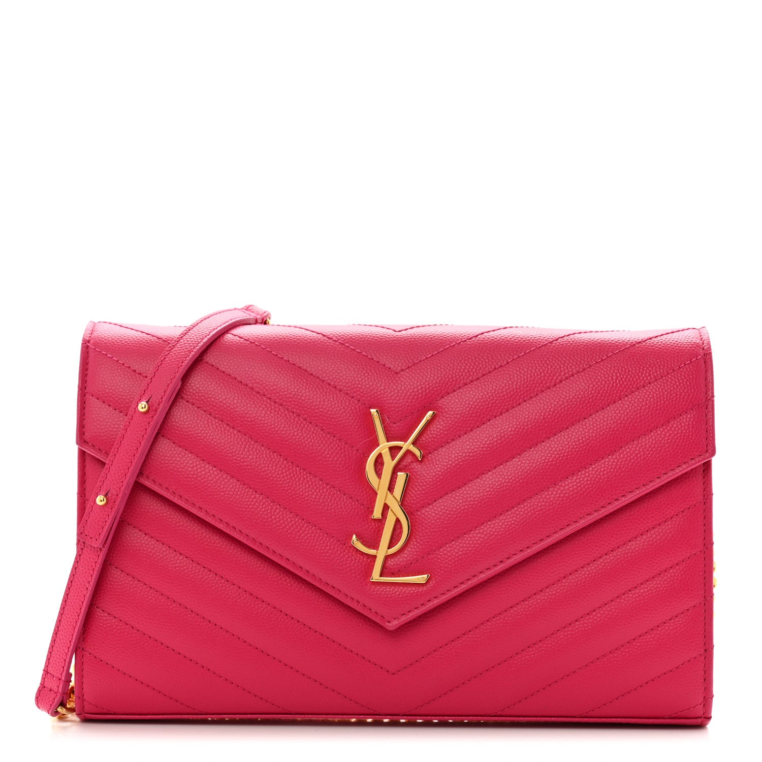 Saint Laurent Grain De Poudre Matelasse Chevron Monogram Chain Wallet Lipstick Fuchsia 1 of 13