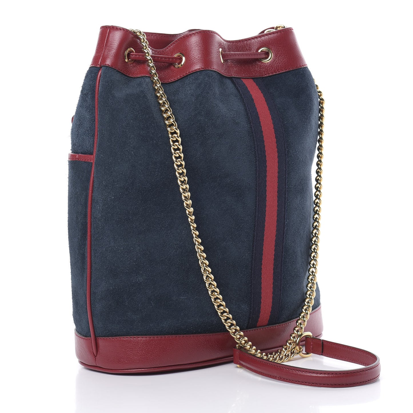 Suede Calfskin Web Medium Rajah Bucket Bag New Blue Romantic Cherry