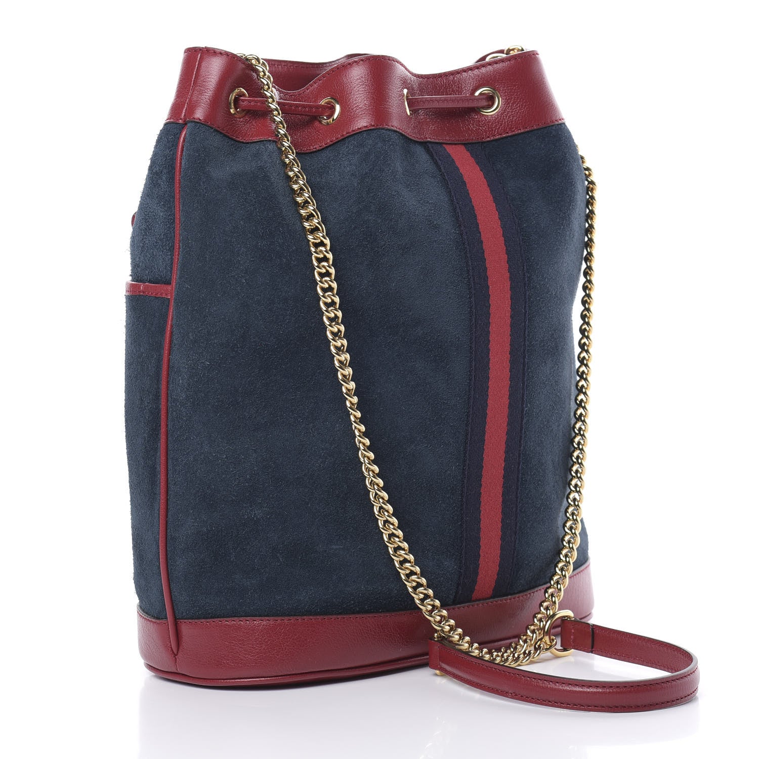 Gucci Suede Calfskin Web Medium Rajah Bucket Bag New Blue Romantic Cherry 3 of 11