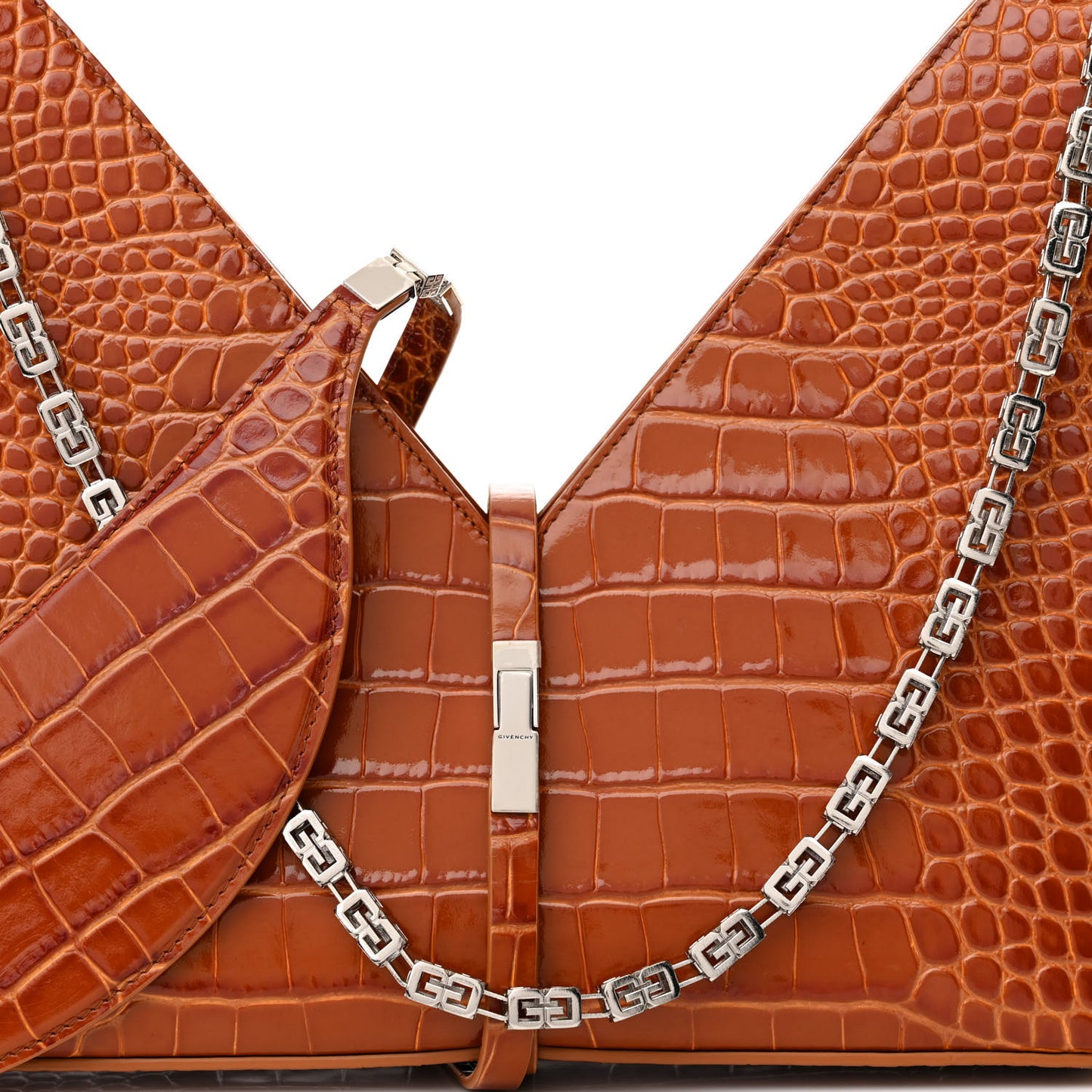 Calfskin Crocodile Embossed Small Cut Out Shoulder Bag Tan
