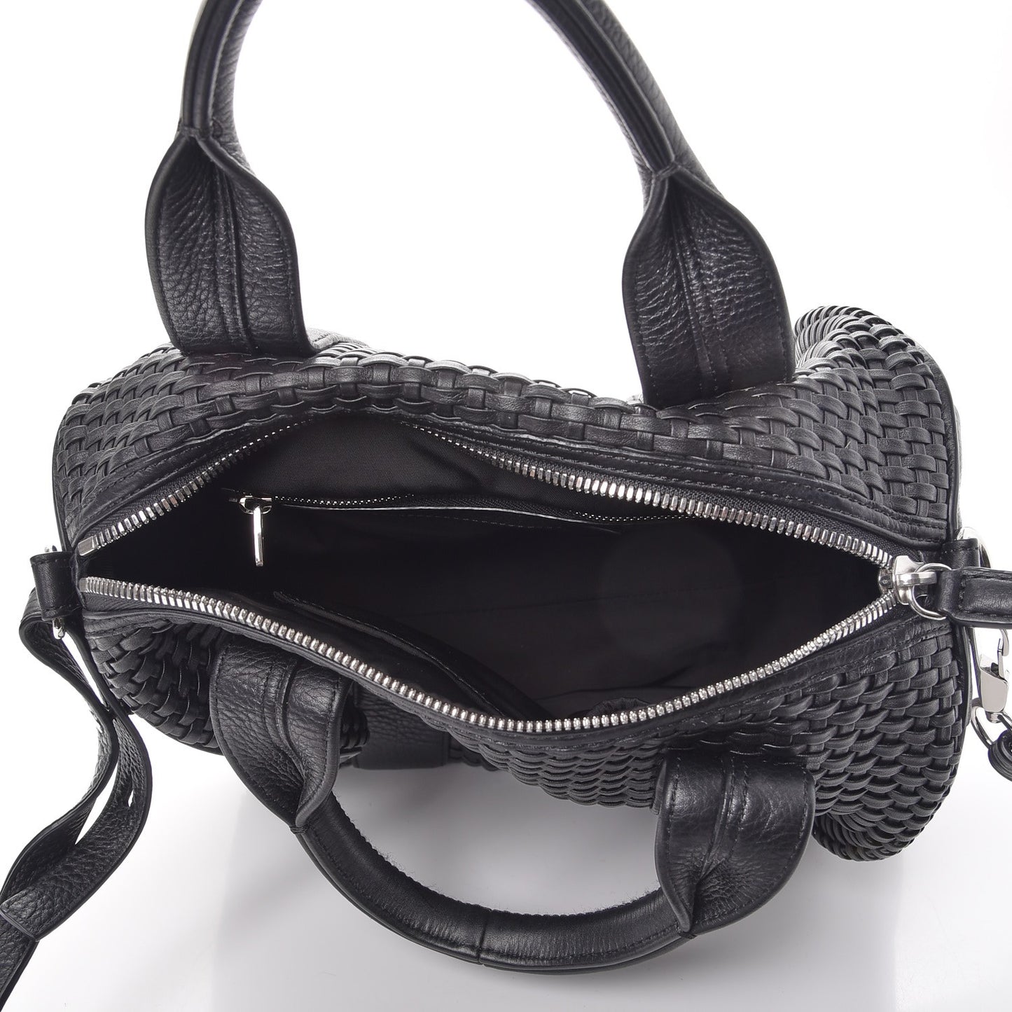 Pebbled Lambskin Woven Rocco Black Silver Hardware