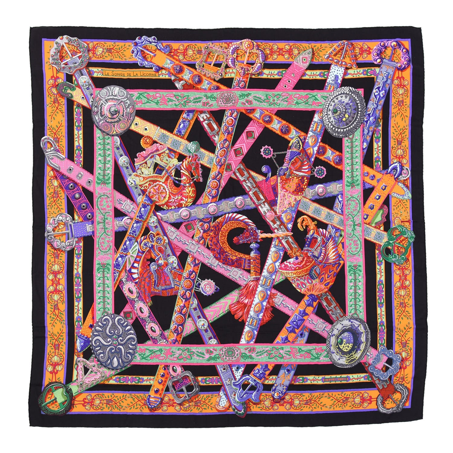Hermes Cashmere Silk Le Songe De La Licorne Shawl 140 Black Orange Rouge Vif 1 of 3