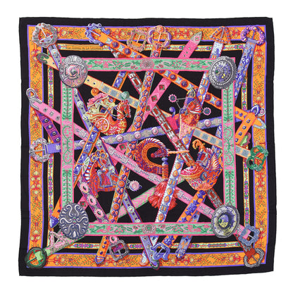 Hermes Cashmere Silk Le Songe De La Licorne Shawl 140 Black Orange Rouge Vif 1 of 3