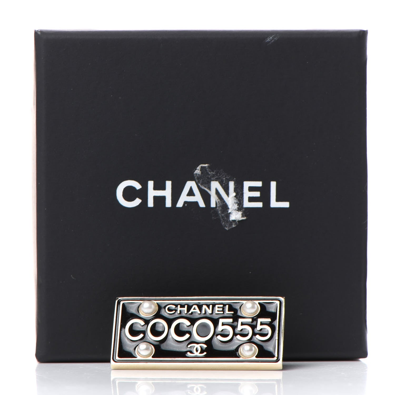 Chanel Metal Resin Pearl Coco License Plate Brooch Black Gold 5 of 5