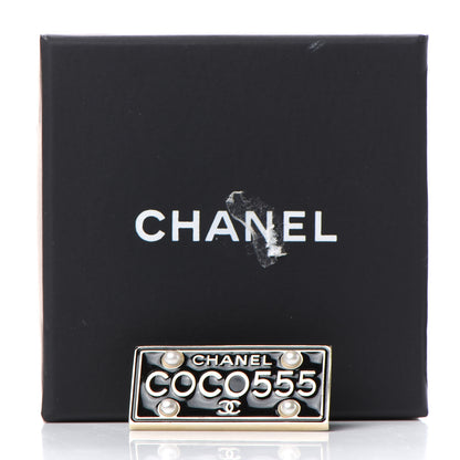 Chanel Metal Resin Pearl Coco License Plate Brooch Black Gold 5 of 5