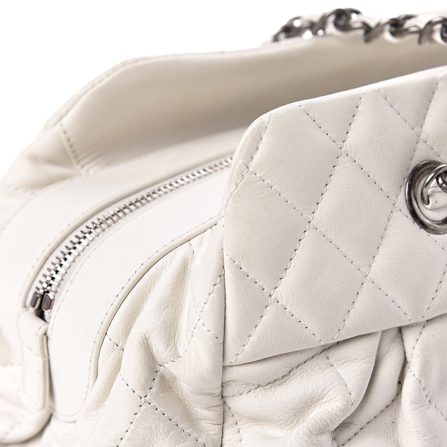 Iridescent Calfskin Chic Quilt Bowling Bag White