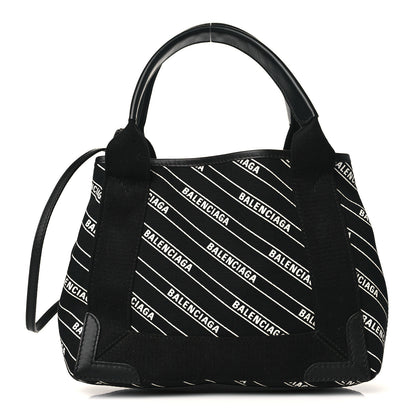 Balenciaga Cotton Canvas Calfskin Logo Print Navy Cabas XS Black White 1 of 9