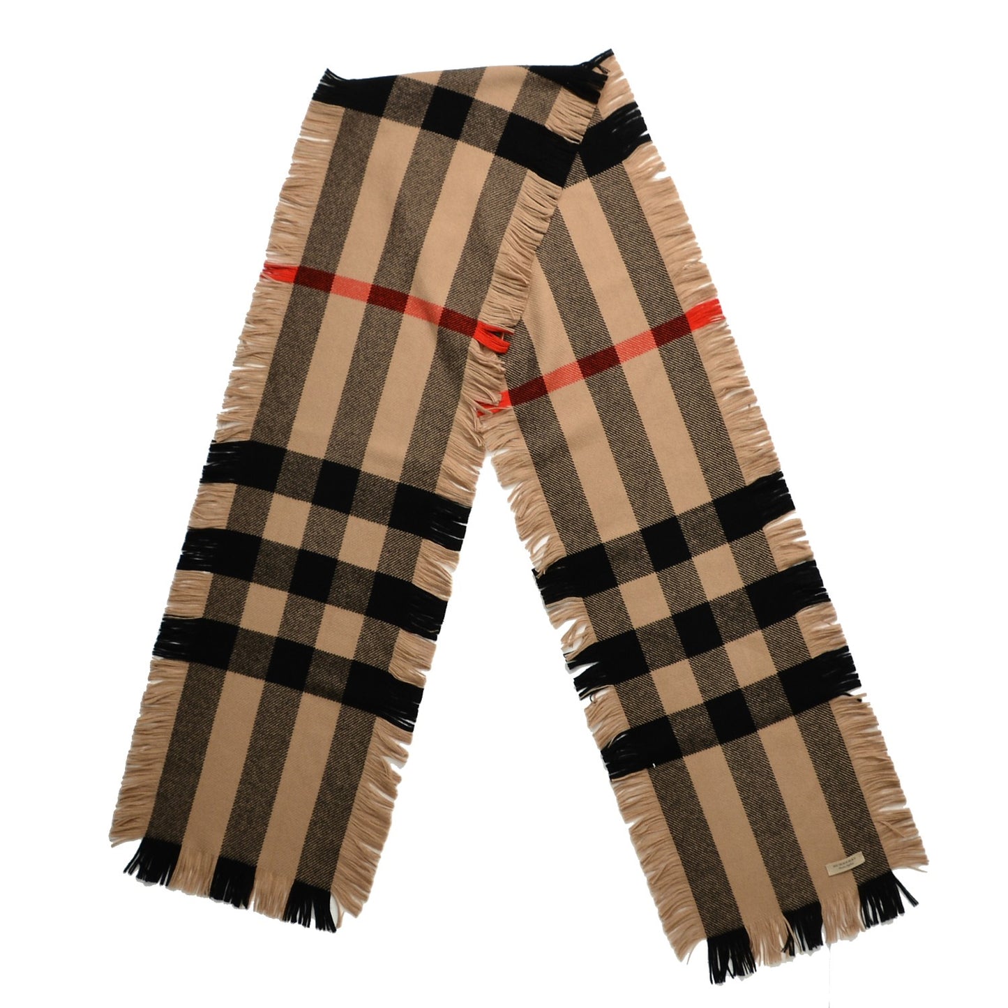 Wool Half Mega Check Fringe Scarf Camel