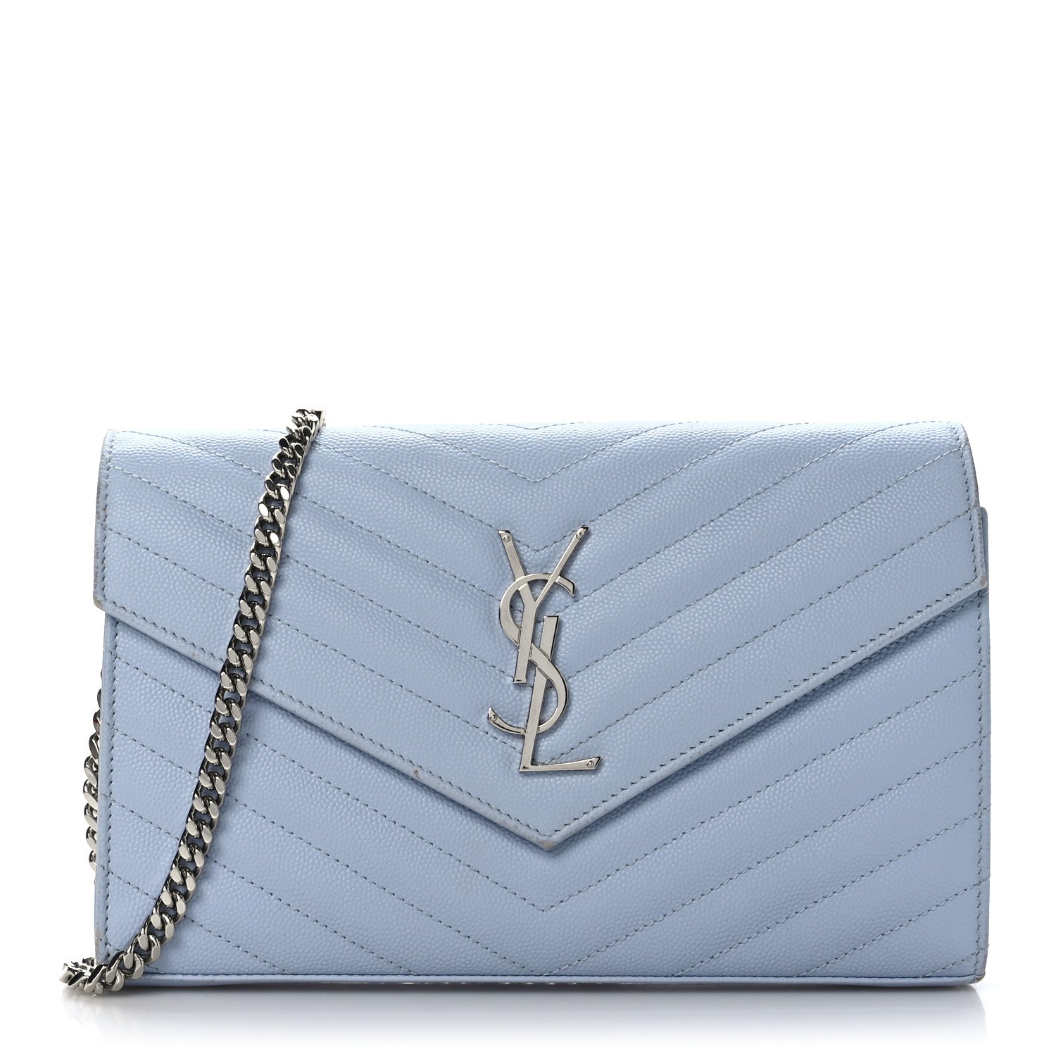 Saint Laurent Grain De Poudre Matelasse Chevron Monogram Chain Wallet Sky Blue 1 of 11