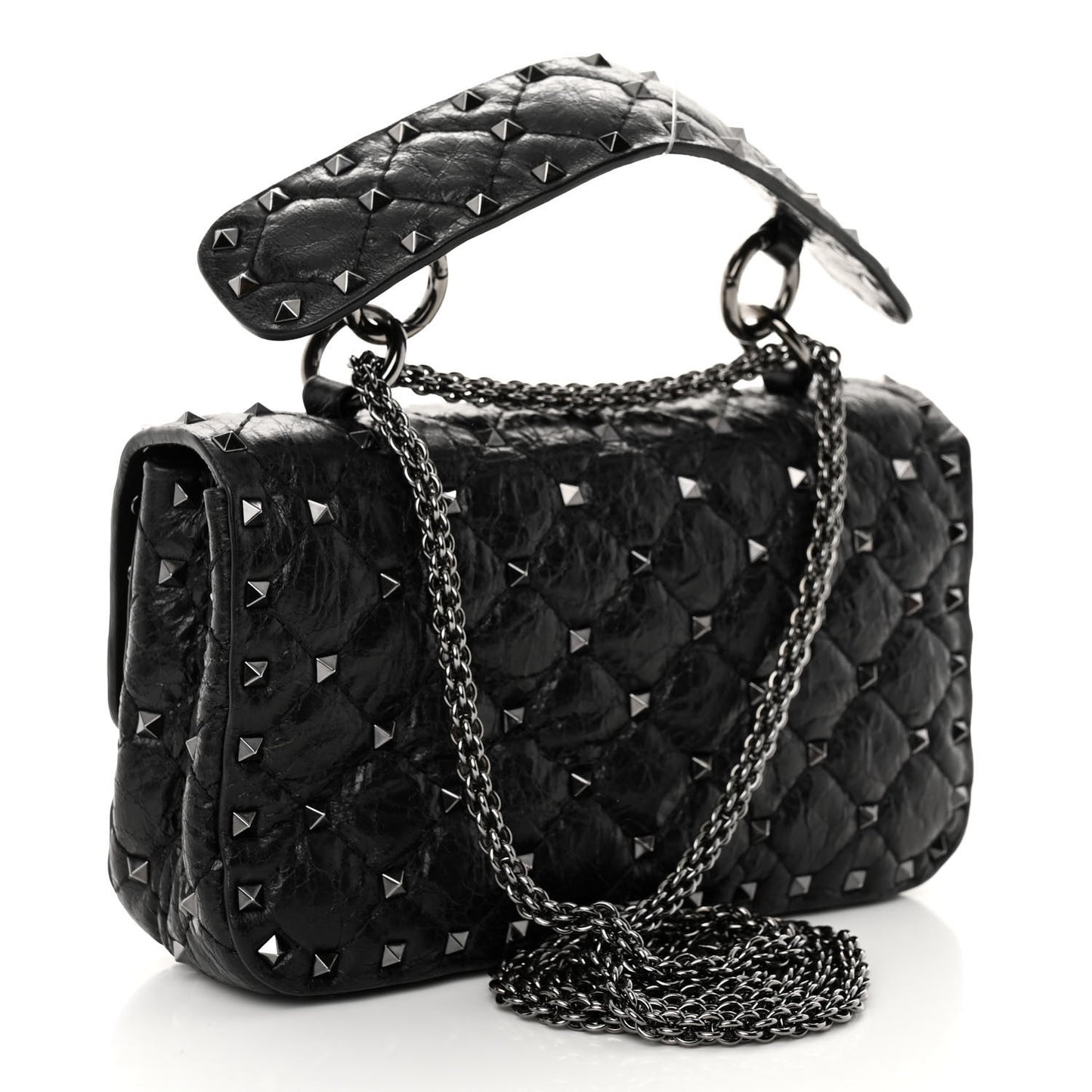 Craquele Nappa Small Rockstud Spike Shoulder Bag Black