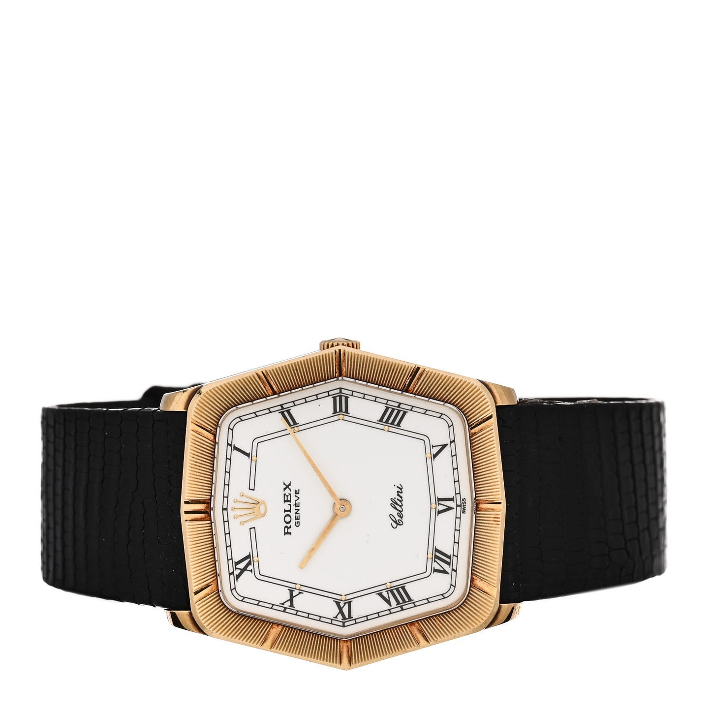 18K Yellow Gold Lizard 31mm Cellini Manual Winding Watch White 4170