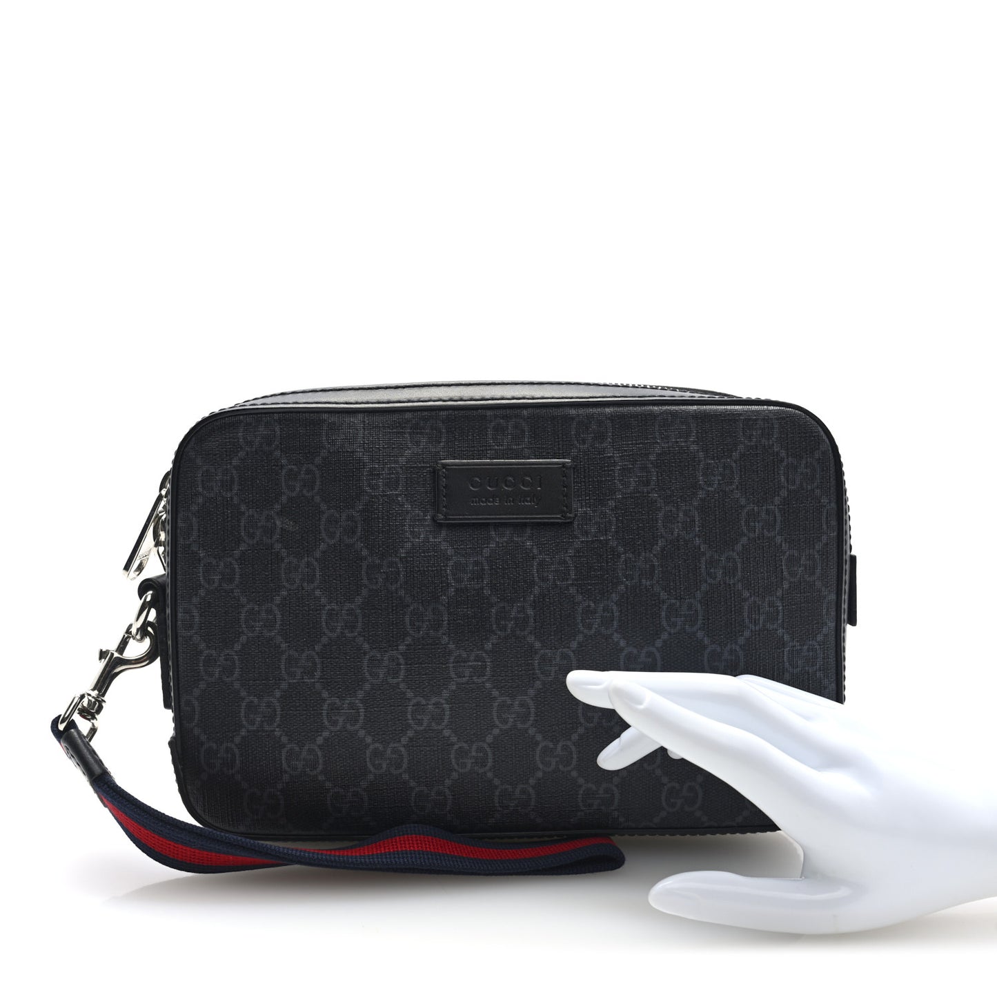 GG Supreme Monogram Appia Calfskin Web Wristlet Black
