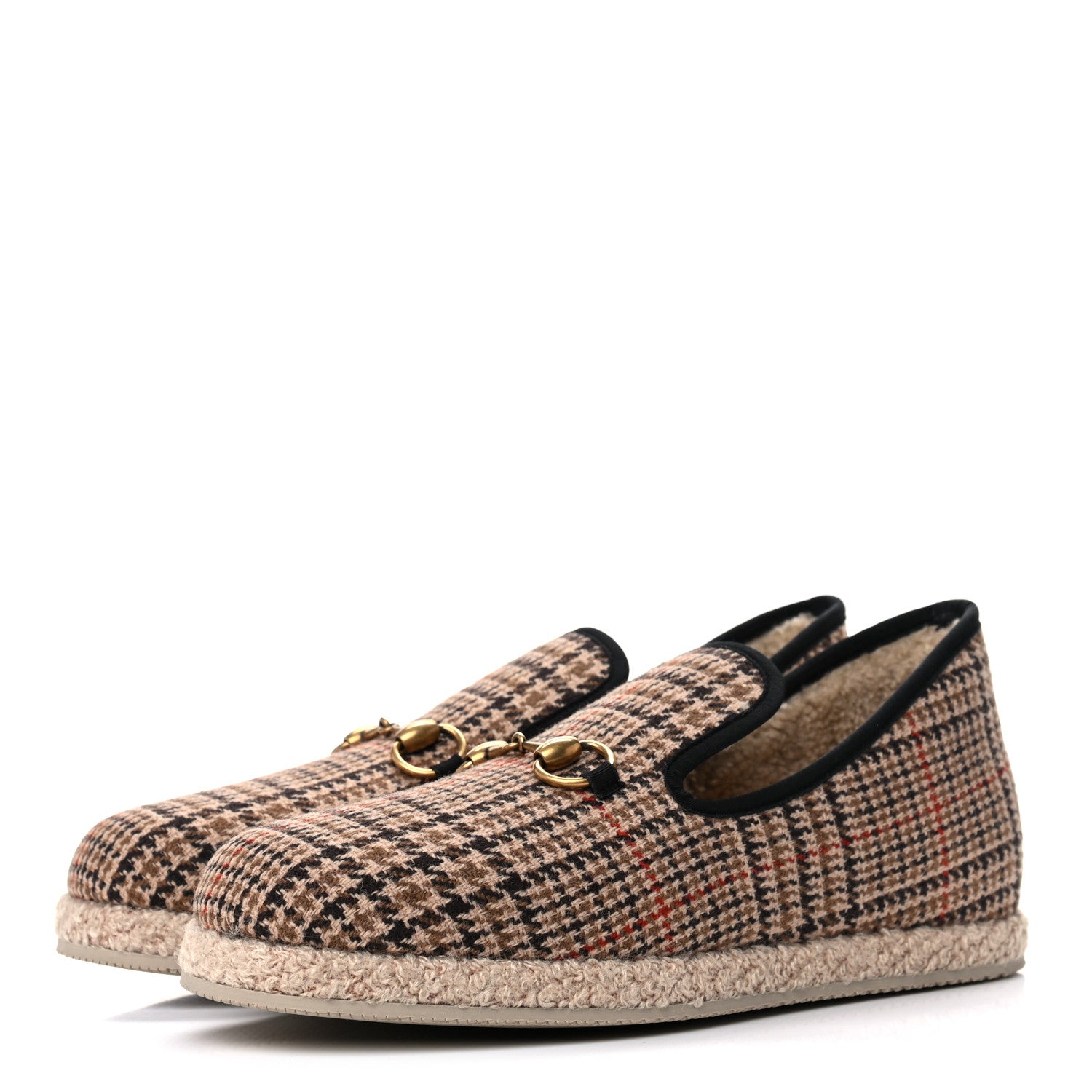 Gucci Wool Tweed Plaid Houndstooth Mens Fria Horsebit Loafers 7 Mahogany Black 3 of 8