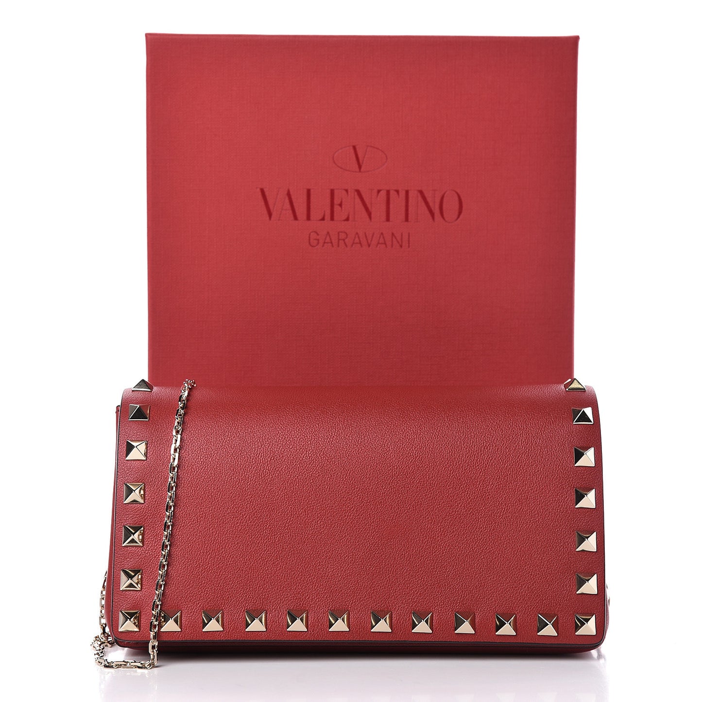 Vitello Small Rockstud Chain Flap Crossbody Bag Red