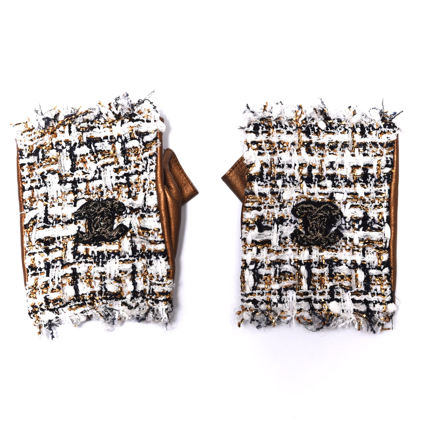 Lambskin Fantasy Tweed Fingerless Gloves 34 White Gold