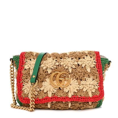 Gucci Raffia Azalea Calfskin Crochet Flower Small GG Marmont Shoulder Bag Natural Ecru Green Red New Shamarock 1 of 8