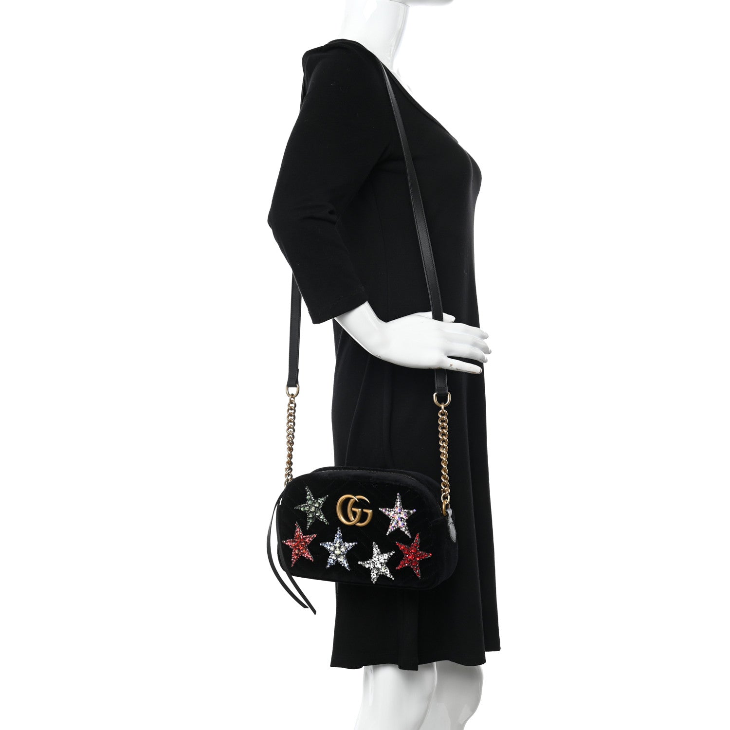 Gucci Velvet Matelasse Crystal Star Embroidered Small GG Marmont Chain Shoulder Bag Black 2 of 11