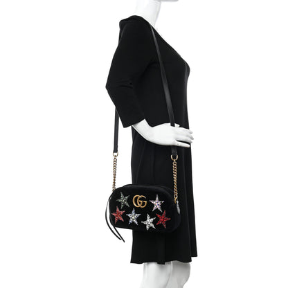 Gucci Velvet Matelasse Crystal Star Embroidered Small GG Marmont Chain Shoulder Bag Black 2 of 11